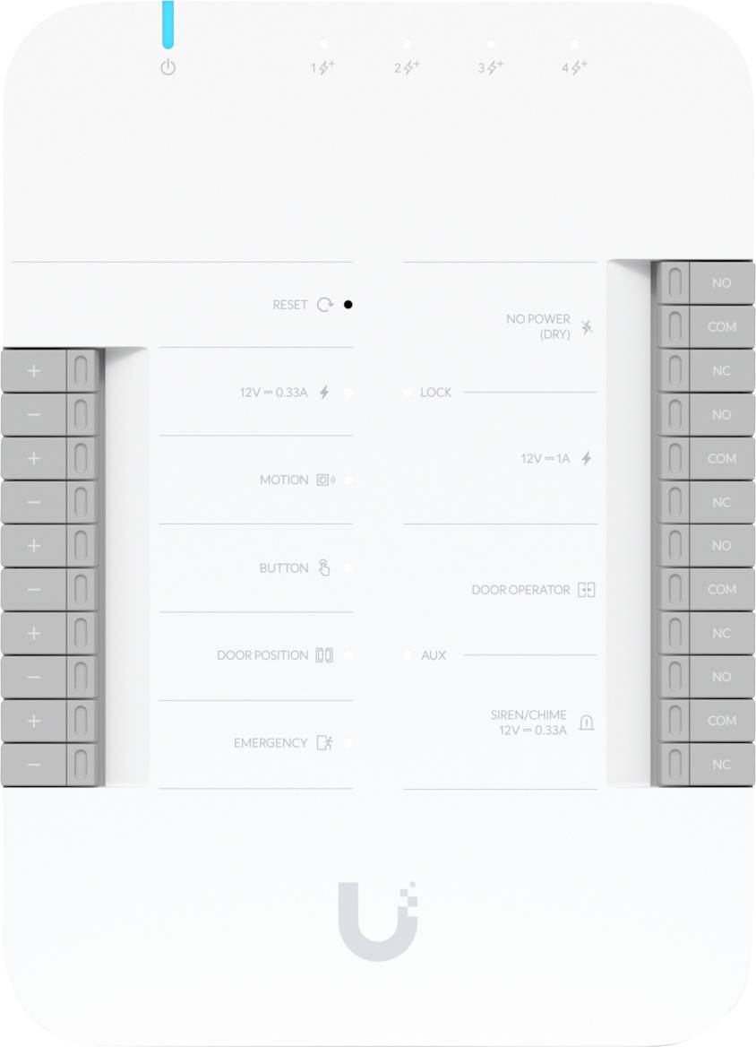 Wandmontiertes weißes Smart-Kontrollpanel mit Anzeigeleuchen und beschrifteten Tasten für Zurücksetzen, Sperre, Bewegungsmelder, Türposition, Notfall, Stromausfall und Zusatzfunktionen.