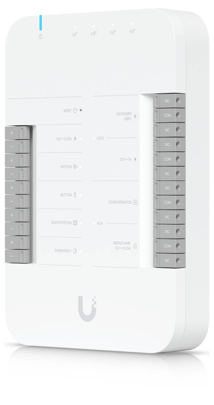 Weißer Ubiquiti-Netzwerk-Controller mit beschrifteten grauen Seitentasten und einer blauen Statusleuchte auf einem wandmontierten Gerät.