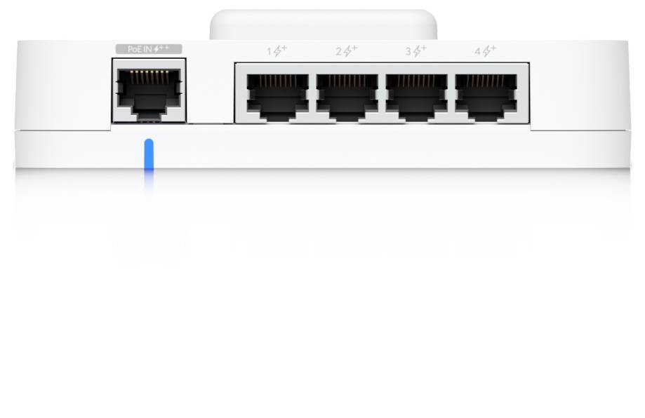 Rückansicht eines weißen Netzwerkgeräts mit einem „PoE IN"-Ethernet-Port und vier nummerierten Ethernet-Ports mit den Beschriftungen 1–4, darunter eine blaue Statusleuchte.