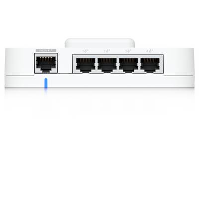 Rückansicht eines weißen Netzwerkgeräts mit einem „PoE IN"-Ethernet-Port und vier nummerierten Ethernet-Ports mit den Beschriftungen 1–4, darunter eine blaue Statusleuchte.