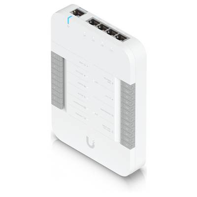 Weißer wandmontierter Smart-Home-Hub mit vier Ethernet-Anschlüssen und seitlichen Verbindungspanelen, dargestellt in einer sauberen Produktdarstellung.