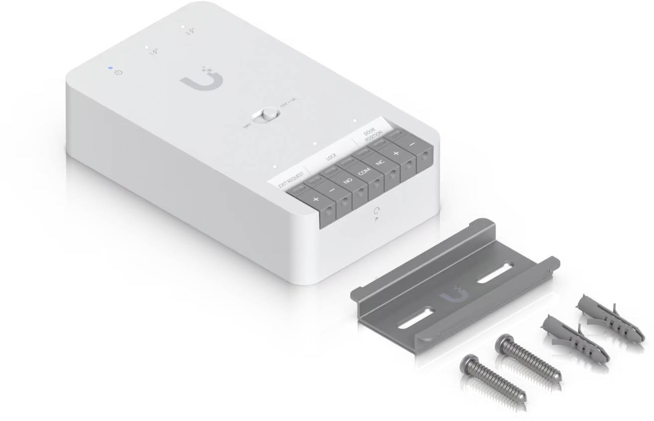 Weißes intelligentes Gerät oder Projektor mit Montageclip, Schrauben und Wanddübeln, dargestellt als Installationskit.