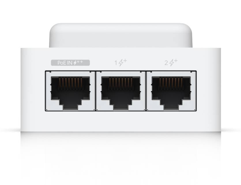 Weißer Netzwerkadapter oder Schalterpanel mit drei Ethernet-Anschlüssen mit den Beschriftungen PoE-Eingang und 1, 2 für Power-over-Ethernet-Verbindungen.
