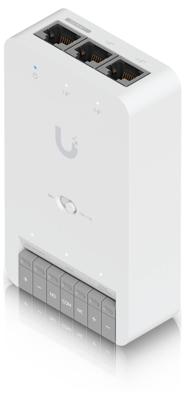 Weißer kabelloses Router mit drei Ethernet-Anschlüssen, einer vorderen Stromanzeige und integrierten grauen Tastaturschaltflächen in der Nähe des unteren Bereichs.