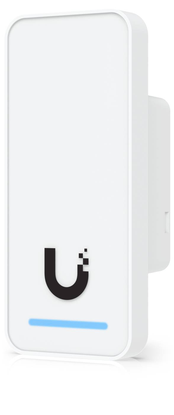 Weißer Ubiquiti-Wandzugriffspunkt mit blauem Statuslicht und U-Logo auf der Vorderseite