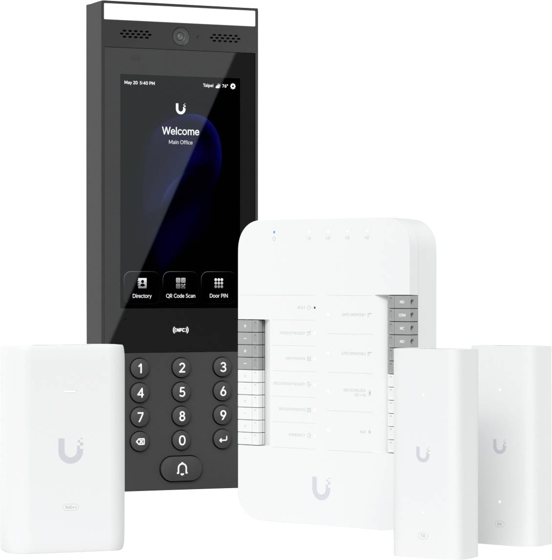 Eine Reihe von Ubiquiti-Zutrittskontrollgeräten, bestehend aus einem Touchscreen-Eingabepanel, einem Türzugriffshub und drahtlosen Sensoren, gezeigt auf weißem Hintergrund.