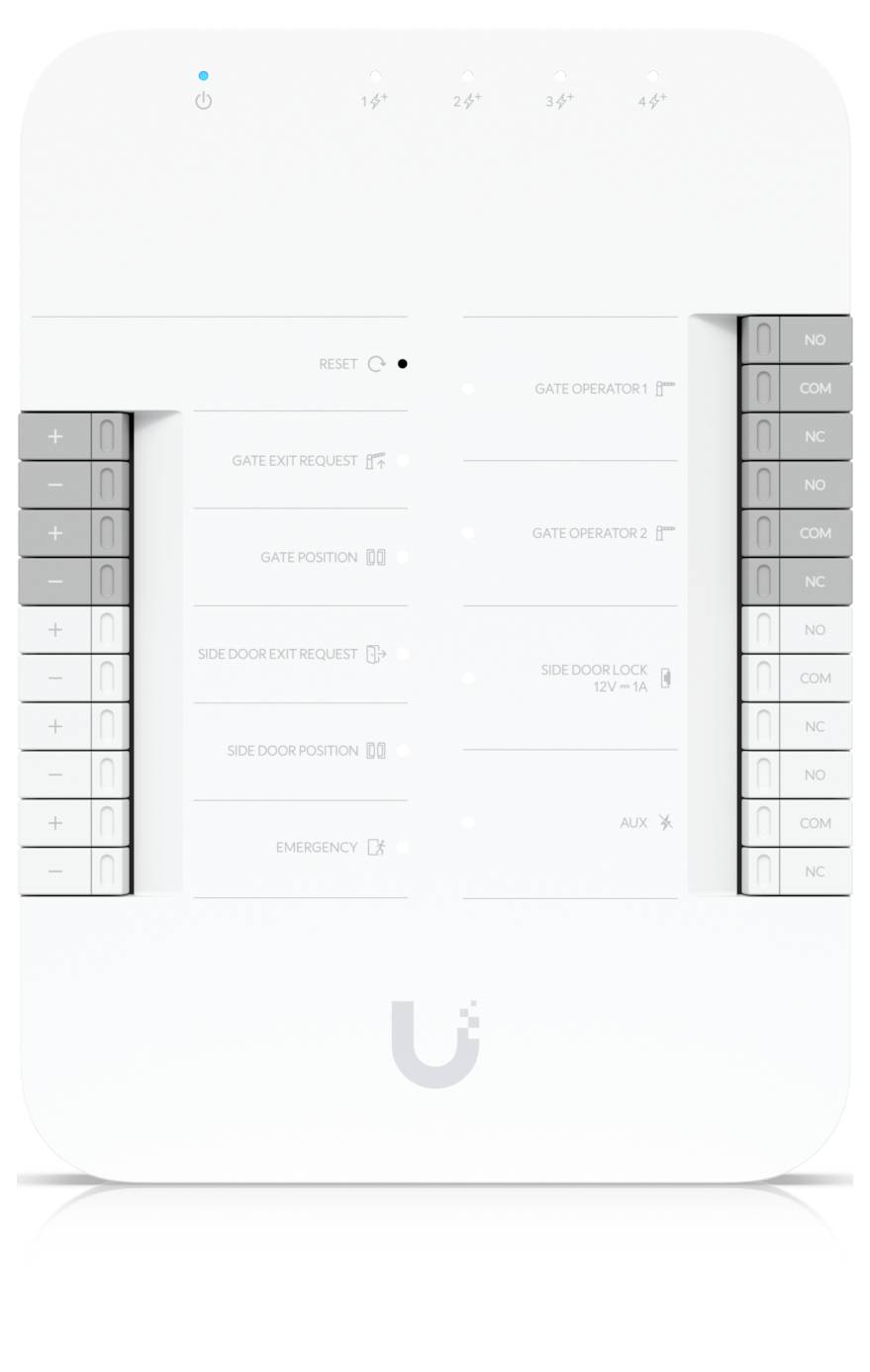 Weiße Ubiquiti-Zugriffskontroller mit gekennzeichneten Klemmleisten und Status-LEDs für Tor- und Türzugriffsverbindungen.