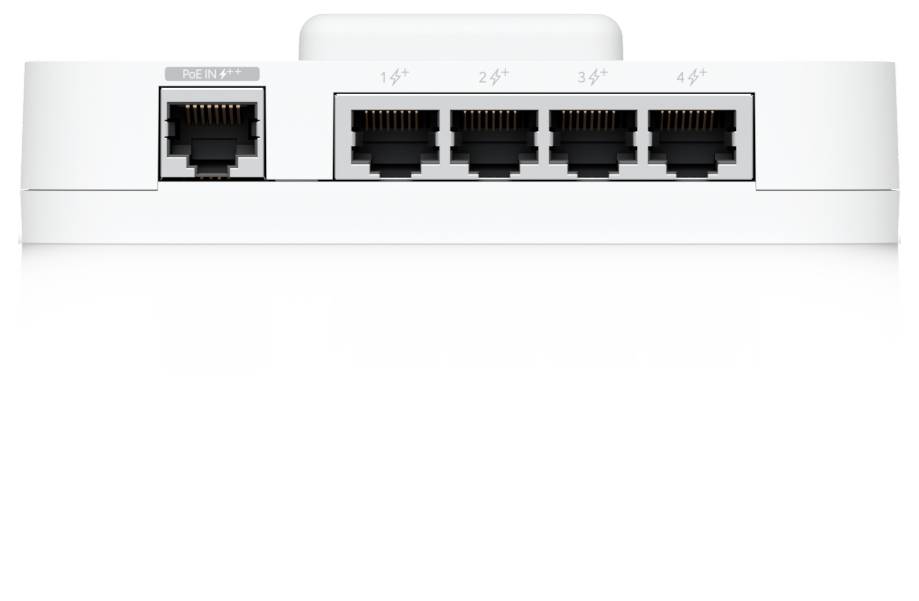 Weißes Netzwerkgerät mit fünf Ethernet-Anschlüssen auf der Rückseite, darunter einer mit der Bezeichnung PoE In und vier nummerierten Anschlüssen 1-4.