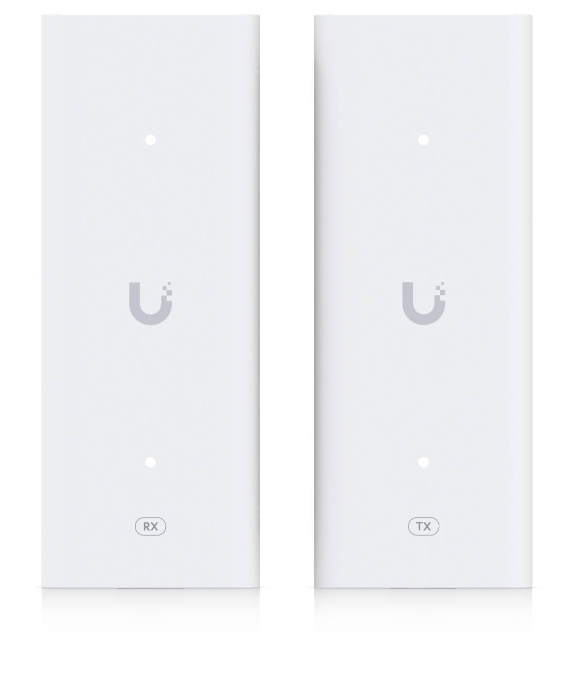 Zwei weiße Ubiquiti-Netzwerkgeräte nebeneinander, beschriftet mit "RX" und "TX".