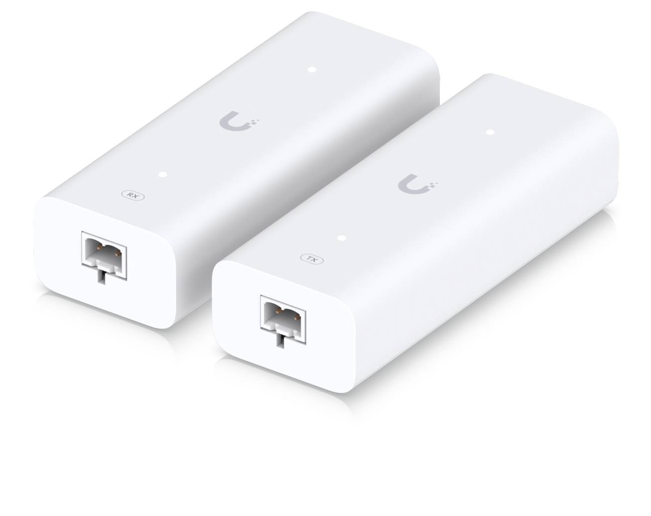 Zwei weiße netzwerkgeräte im ubiquiti-stil nebeneinander gezeigt, jeweils mit einem ethernetport auf der vorderseite und einem kleinen statuslicht oben.