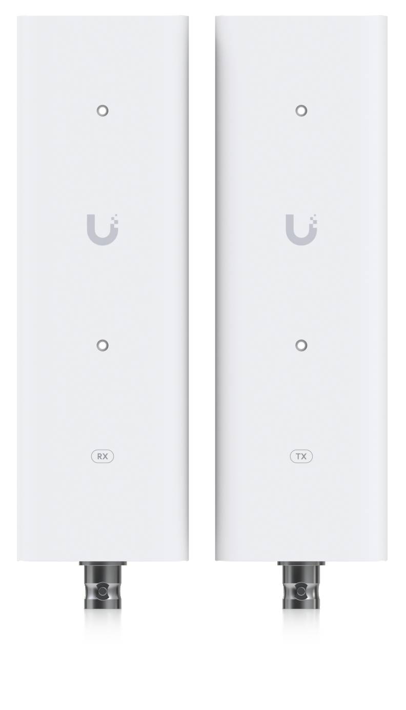 Zwei weiße Ubiquiti-Wireless-Zugangspunkte nebeneinander dargestellt, mit den Beschriftungen RX und TX, mit Ethernet-Anschlüssen am unteren Ende.