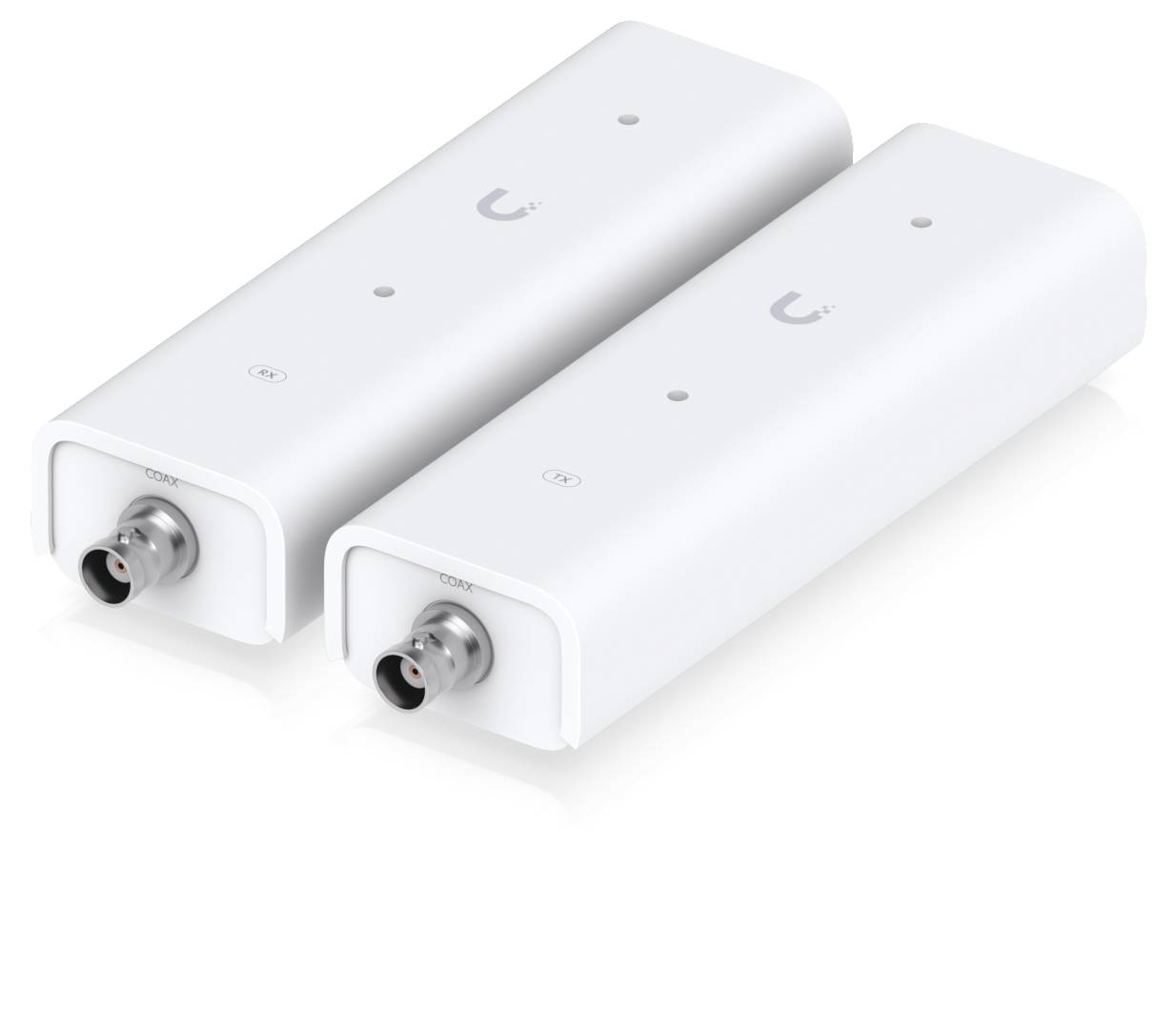Zwei weiße Ubiquiti-ähnliche WLAN-Richtfunkfunkgeräte nebeneinander angeordnet, jeweils mit einem vorderen Ethernet-Anschluss und einer Statusleuchte.