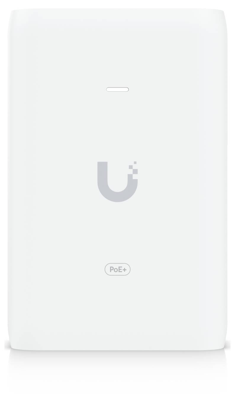 Vorderansicht eines weißen Ubiquiti UniFi PoE+-Netzwerkgeräts mit einer kleinen Statusleuchte und zentriertem Logo.