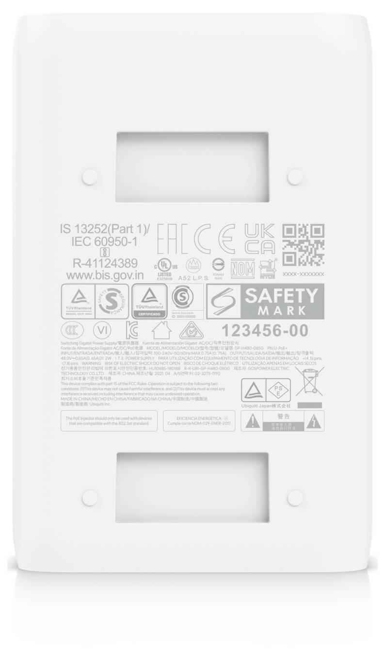Rückseite eines weißen Sicherheitsgeräts mit zwei rechteckigen Öffnungen und gedruckten Zertifizierungsetiketten, einschließlich „SAFETY MARK" und QR-Code.