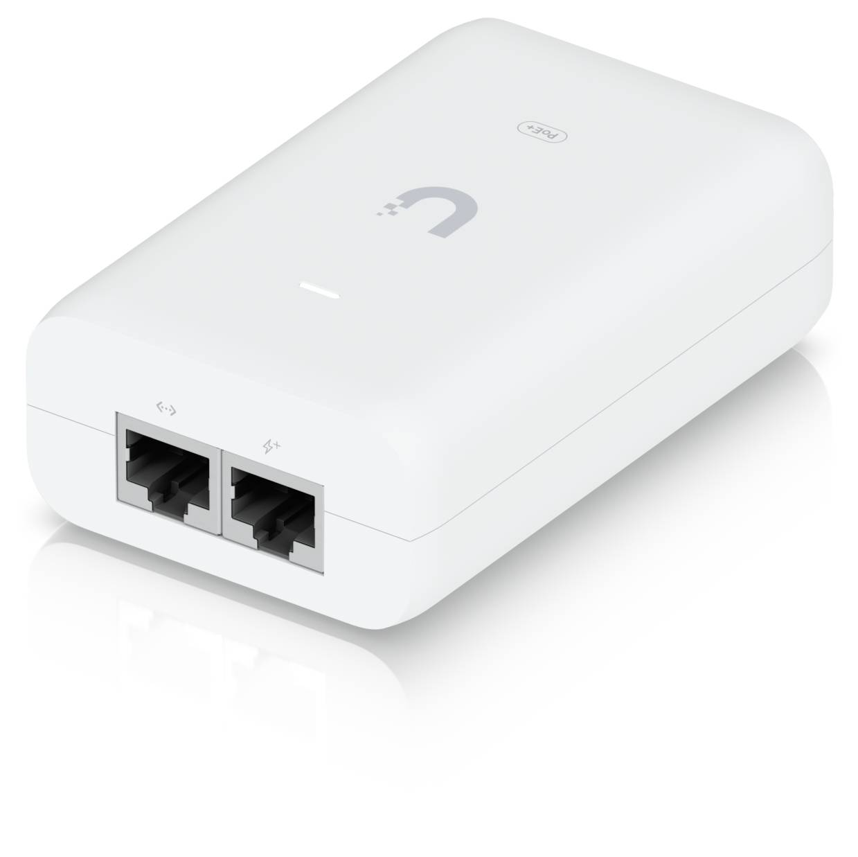 Weißes drahtloses Netzwerkgerät mit zwei Ethernet-Anschlüssen und Statusleuchte, dargestellt auf weißem Hintergrund.