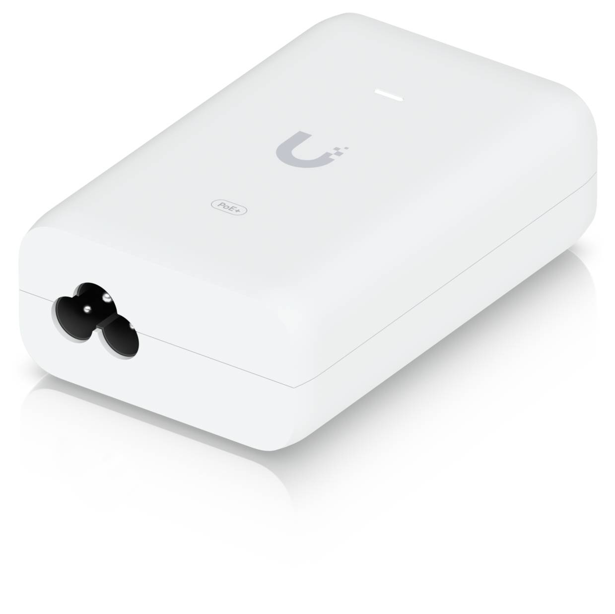 Weißes Ubiquiti-ähnliches Wi-Fi-Gerät/Router mit Statusleuchte und Stromversorgungsanschluss auf einfachem Hintergrund.