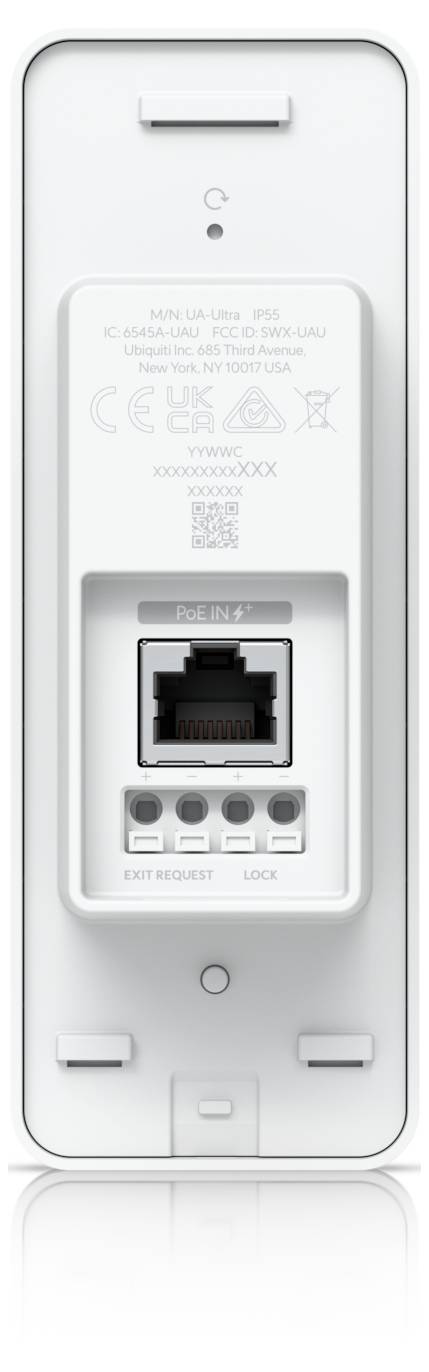Wandmontiertes Netzwerkzugriffsfeld mit RJ45-Buchse, Statusleuchten, QR-Code und beschrifteten Steuerelementen für Stromversorgung, Zugangsanforderung und Verriegelung.