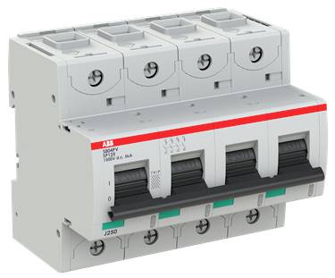 Vierpoliger ABB-Leistungsschalter mit vier schwarzen Kippschaltern und einem roten Etikettenstreifen auf einem weißen elektrischen Gerät.
