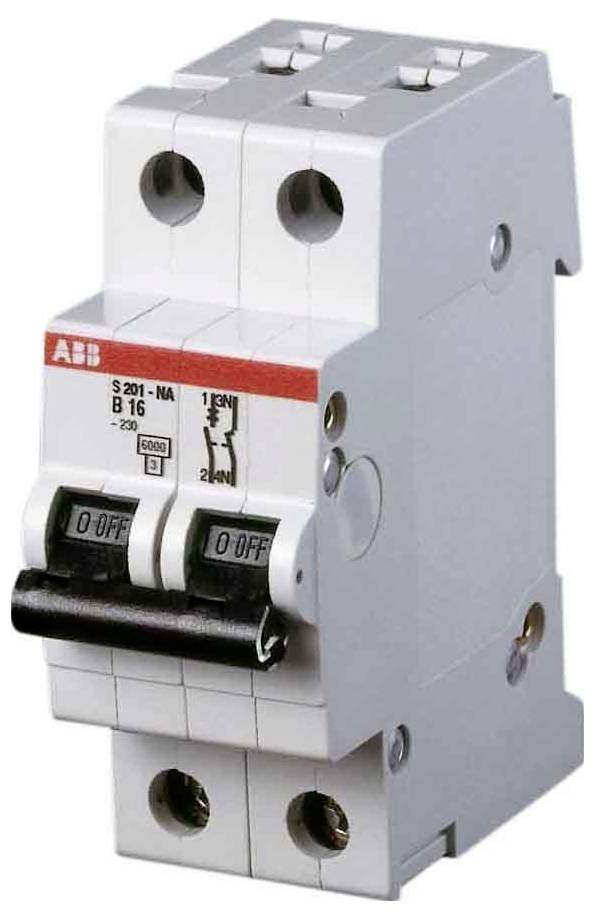 ABB zweipoliger Leitungsschutzschalter in Miniaturausführung mit schwarzen Kippschaltern und 'AUS'-Indikatoren auf weißem Gehäuse