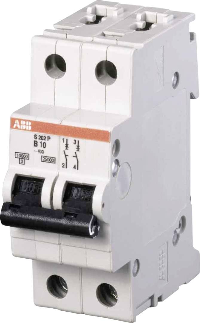 Foto eines weißen ABB S202 P B10 zweipoliger Leitungsschutzschalter mit zwei schwarzen Kippschaltern und vorderen Klemmöffnungen.
