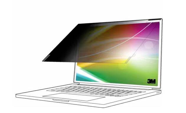 Laptop mit einem 3M-Datenschutzbildschirmfilter, der die Anzeige teilweise abdunkelt, um Seitenansichten zu blockieren.