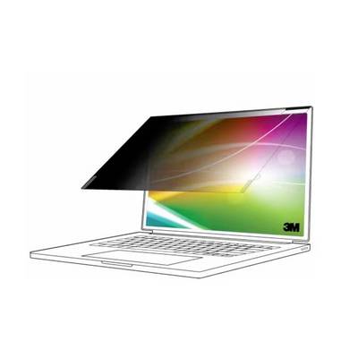 Laptop mit einem 3M-Datenschutzbildschirmfilter, der die Anzeige teilweise abdunkelt, um Seitenansichten zu blockieren.