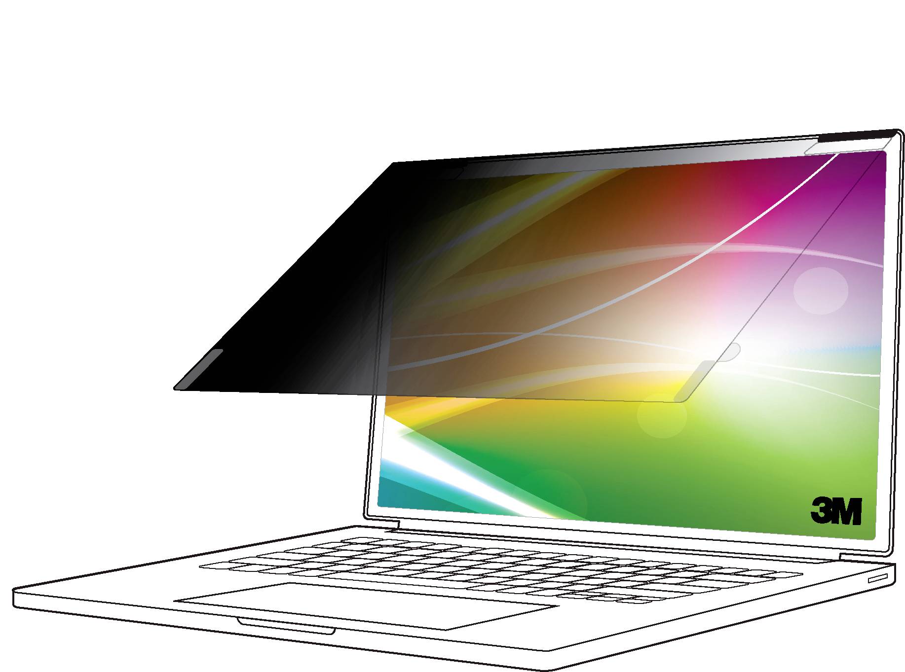 Ein Laptop mit einem Datenschutz-Bildschirmfilter, der eine verdunkelte Seitenansicht und das 3M-Logo zeigt, und die Schutzfunktion des Bildschirms zur Wahrung der Privatsphäre veranschaulicht.