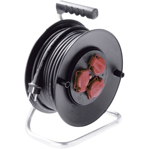 Schwarze Kabelrolle auf einem Metallständer mit Handgriff und drei roten Steckdosen an der Vorderseite.