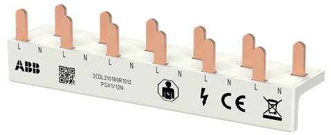 ABB PSX V12/N 12-poliger elektrischer Klemmblock mit L- und N-Beschriftungen, QR-Code und Sicherheitskennzeichnungen.