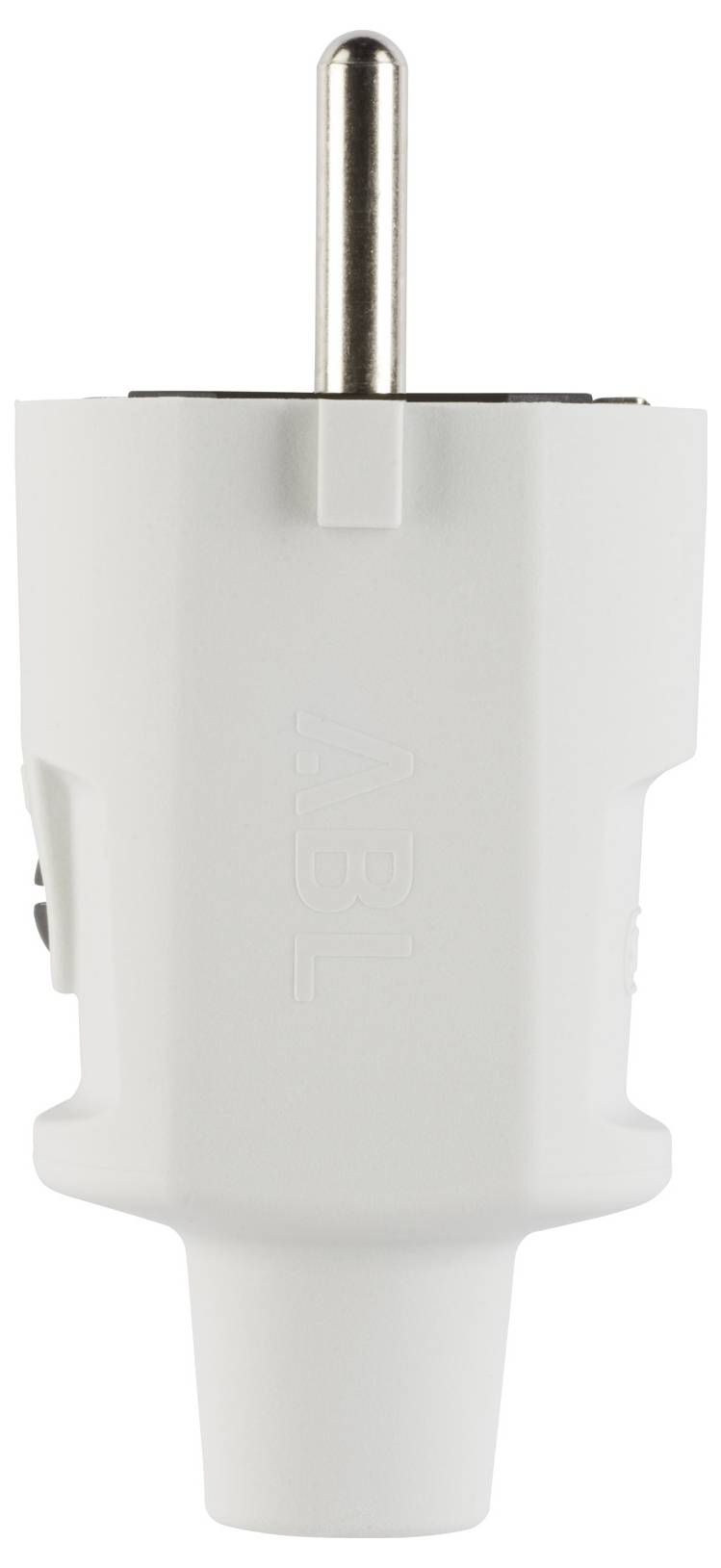 Weißer Elektrostecker-Adapter mit einem runden Metallstift, gezeigt auf einem einfachen Hintergrund.