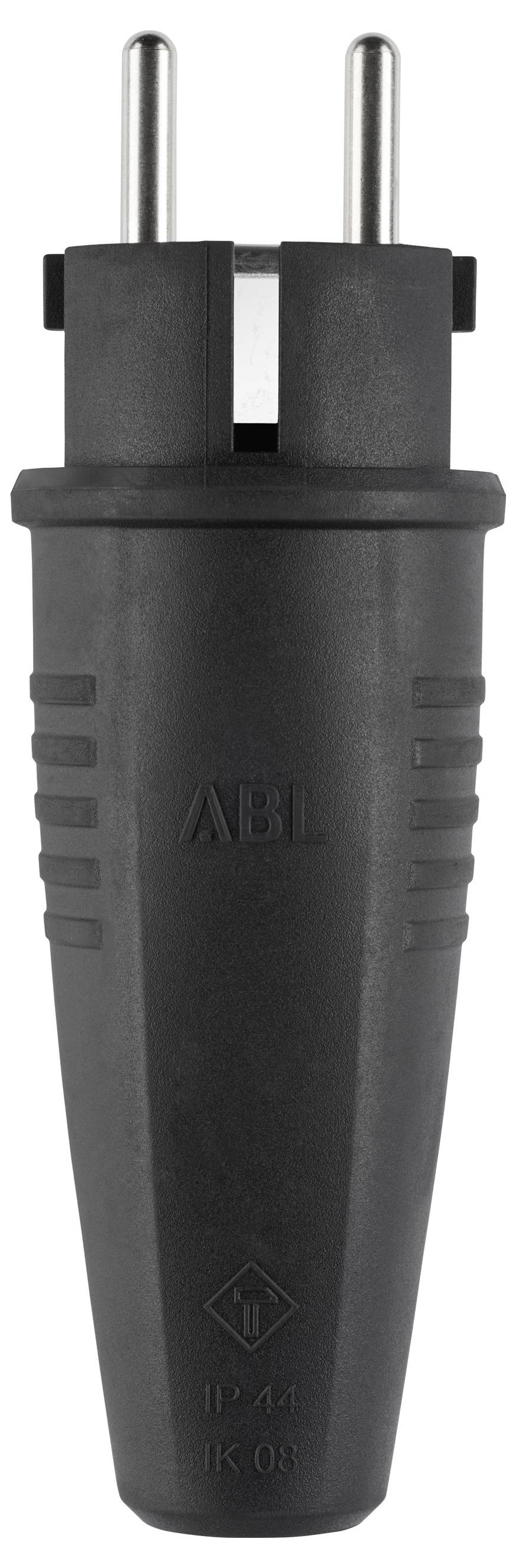 Schwarzer zweipoliger Elektrostecker-Adapter mit zwei runden Metallstiften und ABL-Branding, auf weißem Hintergrund dargestellt.