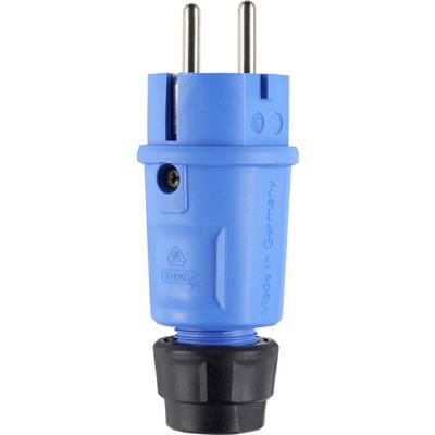 Blauer SCHUKO-Stecker mit zwei runden Metallstiften und schwarzem Kabeleingang, beschriftet mit „Made in Germany".