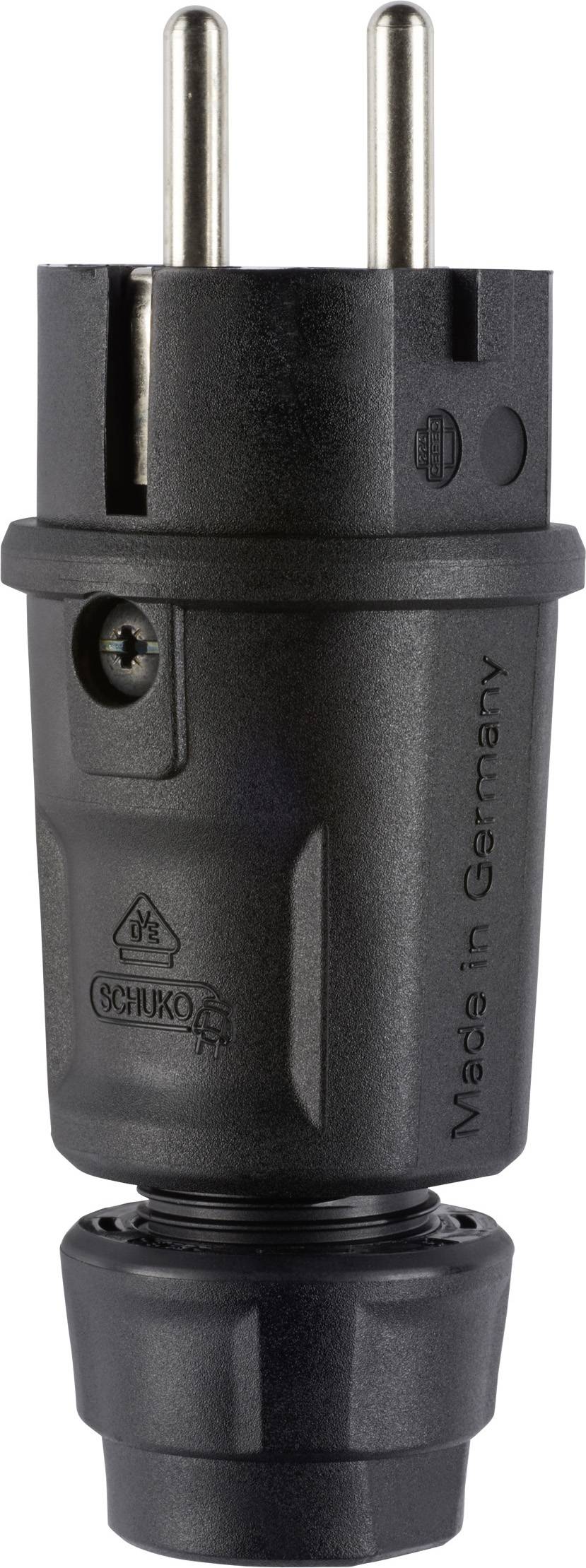Schwarzer Schuko-Stecker mit zwei runden Stiften und Schutzleiter-Kontakten, beschriftet mit „Made in Germany".