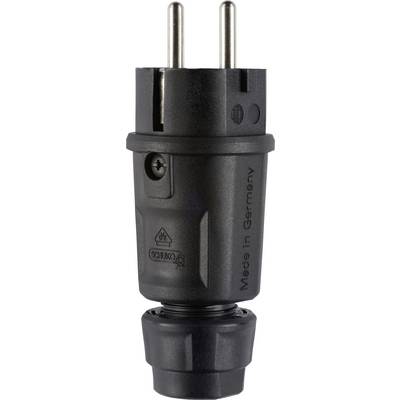 Schwarzer Schuko-Stecker mit zwei runden Stiften und Schutzleiter-Kontakten, beschriftet mit „Made in Germany".