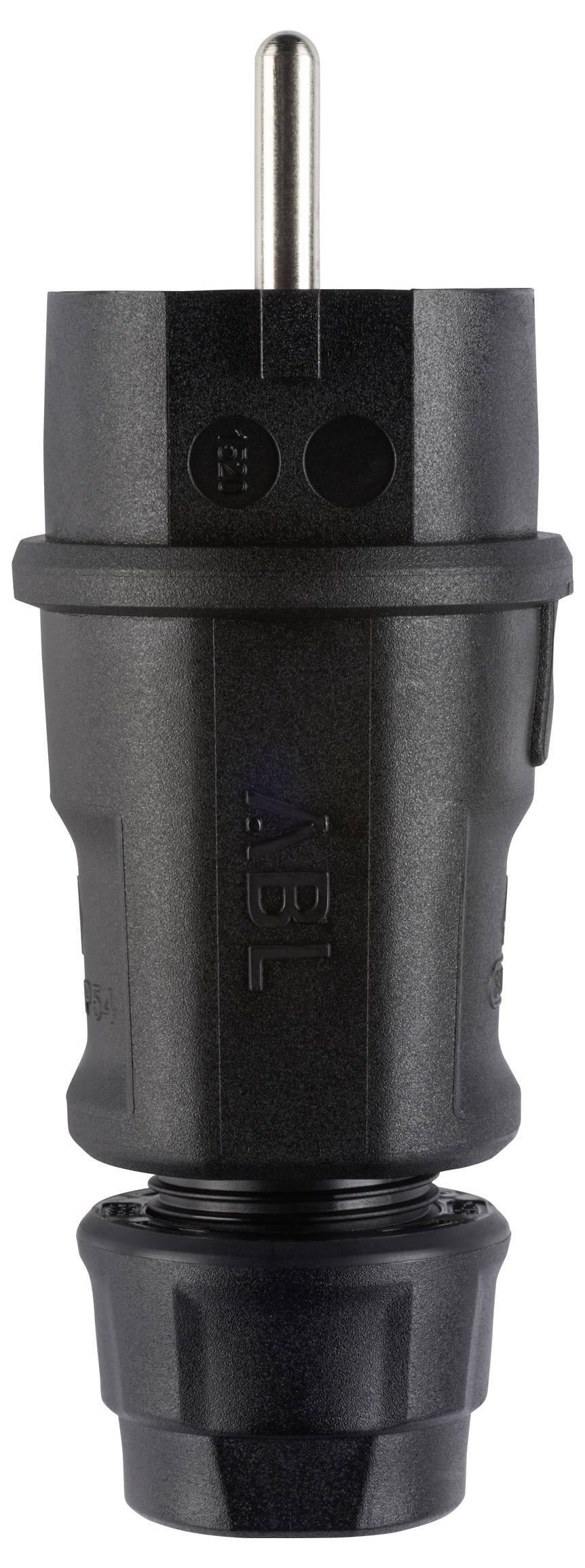 Schwarzer Elektrosteckeradapter mit zwei runden Stiften, Vorderansicht auf weißem Hintergrund gezeigt.