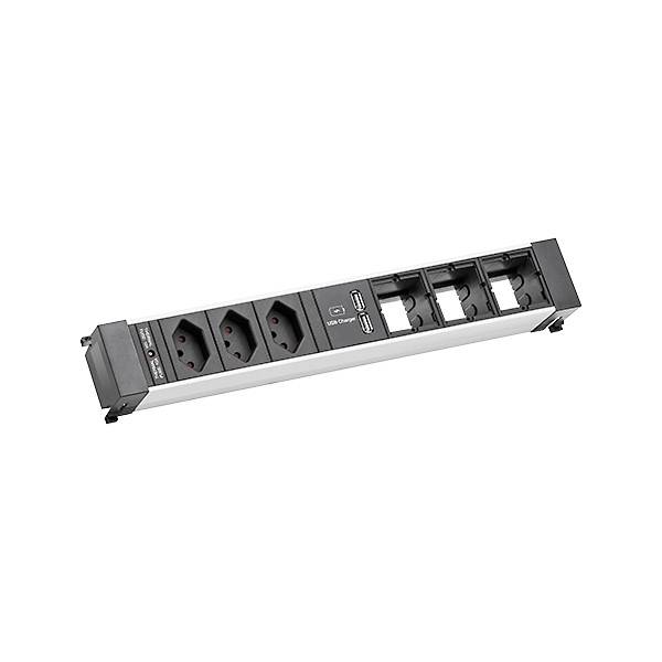 Rack-montierbare Steckdosenleiste mit drei AC-Steckdosen, zwei USB-Anschlüssen und leeren modularen Steckplätzen auf weißem Hintergrund.