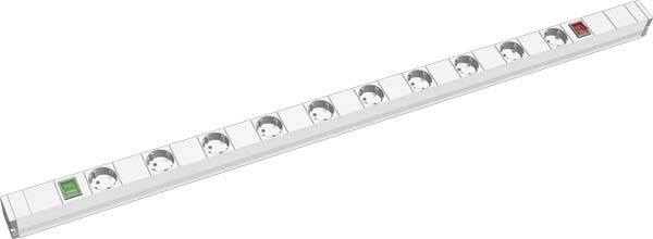 Weißes Rack-Style-Elektronikgerät mit einem grünen Knopf/Licht an einem Ende und einer Reihe von kleinen kreisförmigen Anschlüssen oder Lüftungsöffnungen entlang seiner Länge.