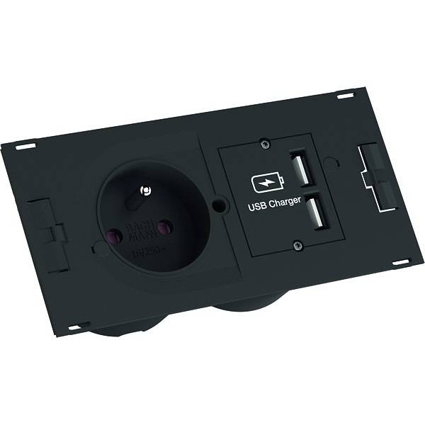 Schwarze Wandsteckdosenleiste mit einer runden Steckdose und einem USB-Ladeanschluss mit der Beschriftung „USB Charger"