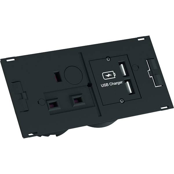 Schwarzes Wandsteckdosen-Panel mit zwei Steckdosenöffnungen und einem beschrifteten "USB-Ladegerät"-Anschluss