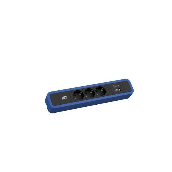 Blau-schwarze Steckdosenleiste mit drei Ausgängen und zwei USB-Anschlüssen, dargestellt auf weißem Hintergrund.