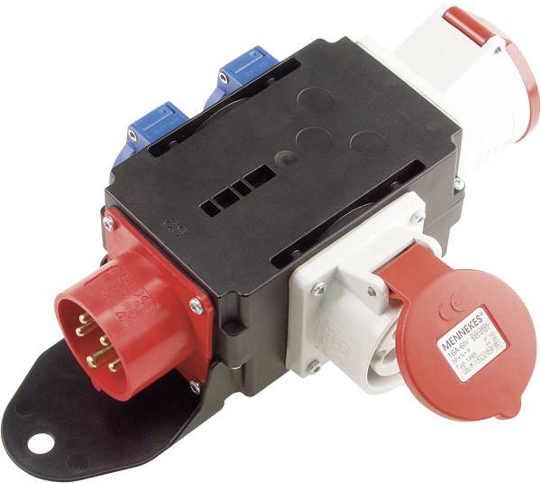 Industrieller Elektrostecker-Adapter mit roten und blauen Buchsen, die auf einem schwarzen Gehäuse montiert sind.