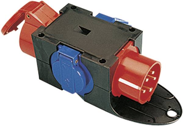 Tragbarer elektrischer Stromadapter mit mehreren industriellen Steckdosen, einschließlich roter und blauer Anschlüsse auf einem schwarzen Gehäuse.