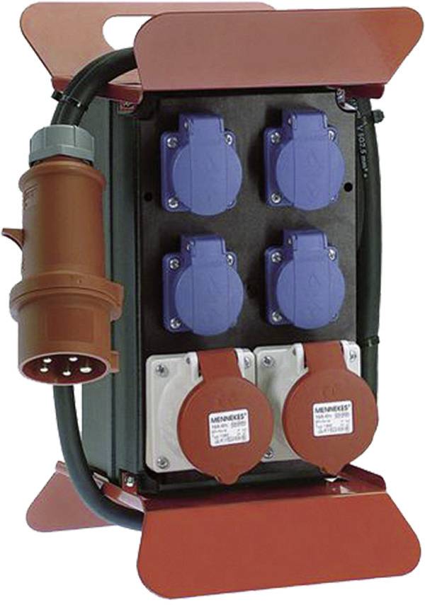 Tragbare Stromverteilungsbox mit vier blauen Steckdosen und zwei roten Steckdosen, plus ein strapazierfähiges Kabel und Stecker auf der linken Seite.