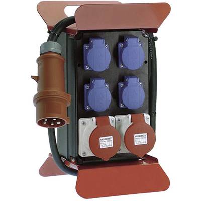 Tragbare Stromverteilungsbox mit vier blauen Steckdosen und zwei roten Steckdosen, plus ein strapazierfähiges Kabel und Stecker auf der linken Seite.