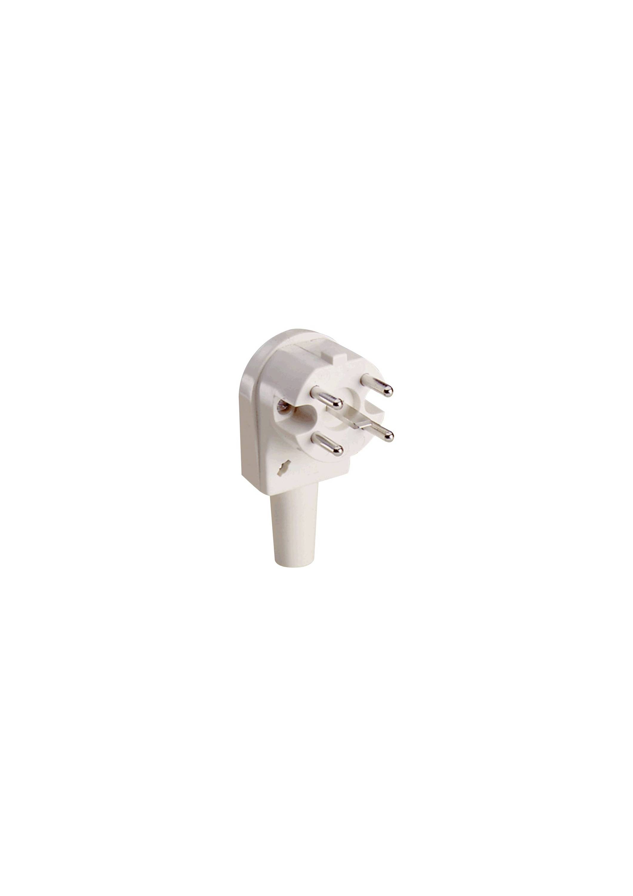 Weißer Steckeradapter mit drei Stiften auf einfachem Hintergrund.