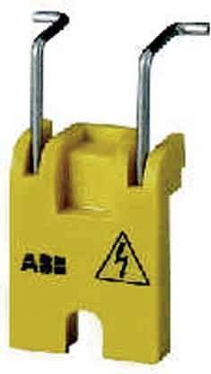 Gelbes ABB-Stromverteilerklemme mit zwei Metallstiften und einem Hochspannungswarnzeichen.