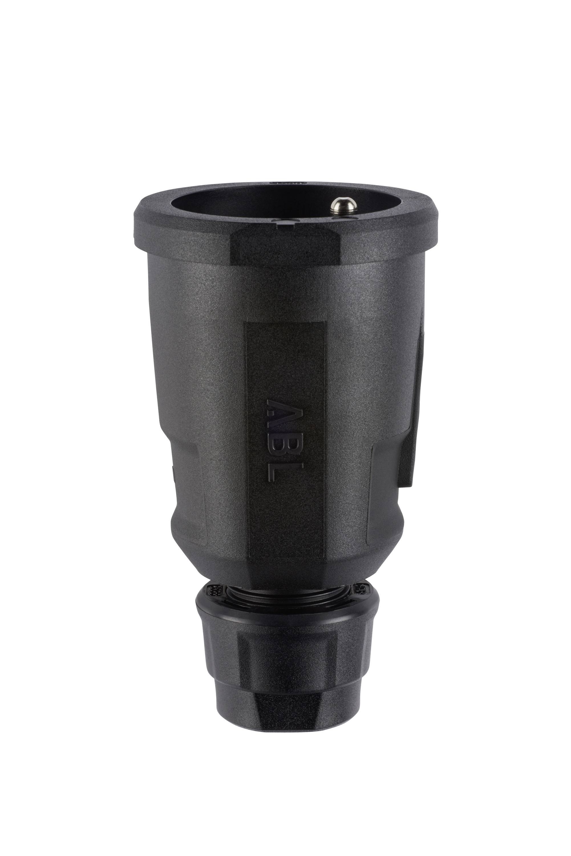Schwarzer zylindrischer elektrischer Stecker oder Adapter mit breiter oberer Öffnung und Gewinde am Boden, auf weißem Hintergrund dargestellt.