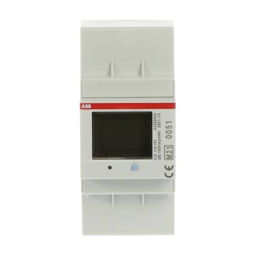 ABB M21 Stromzähler oder Controllermodul mit kleinem Display und zwei Tasten auf weißem Gehäuse.