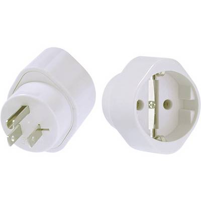 Weißer Elektrostecker-Adapter mit dreipoliger Stecker-Buchse auf der einen Seite und zweipoliger Stecker-Buchse auf der anderen Seite