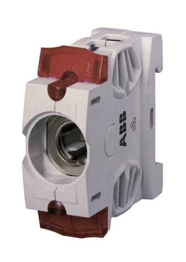 Nahaufnahme eines ABB-Elektroklemmenblocks mit kreisförmiger Drahtzuführung und roten Verriegelungsclips.